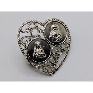 Blessed Virgin Mary & Jesus Heart Design Silver Tone Medal Pin Religious Brooch
